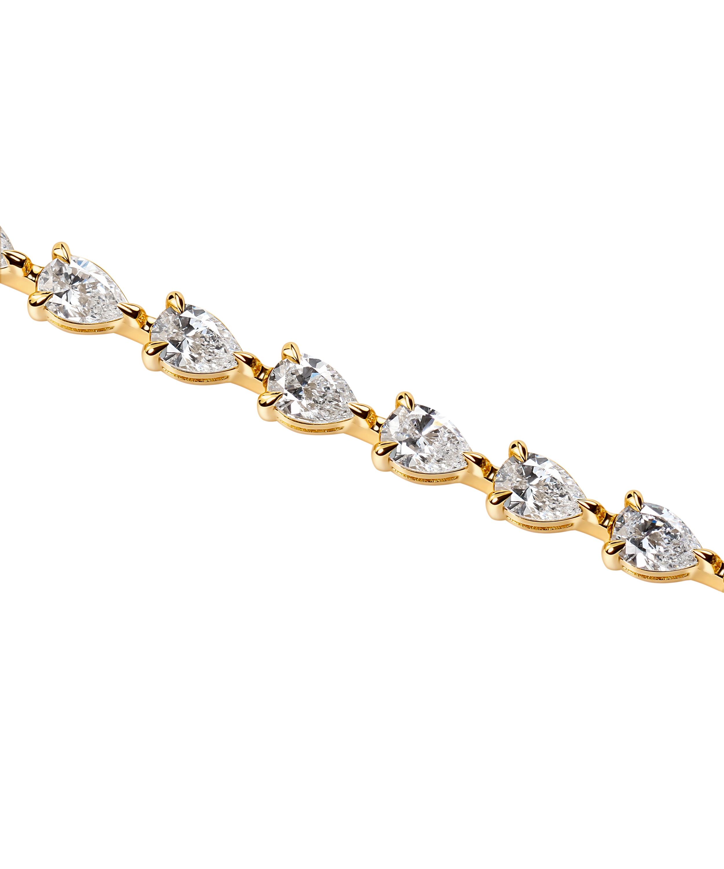 7ct lab grown pear diamond tennis bracelet in 18k gold without background