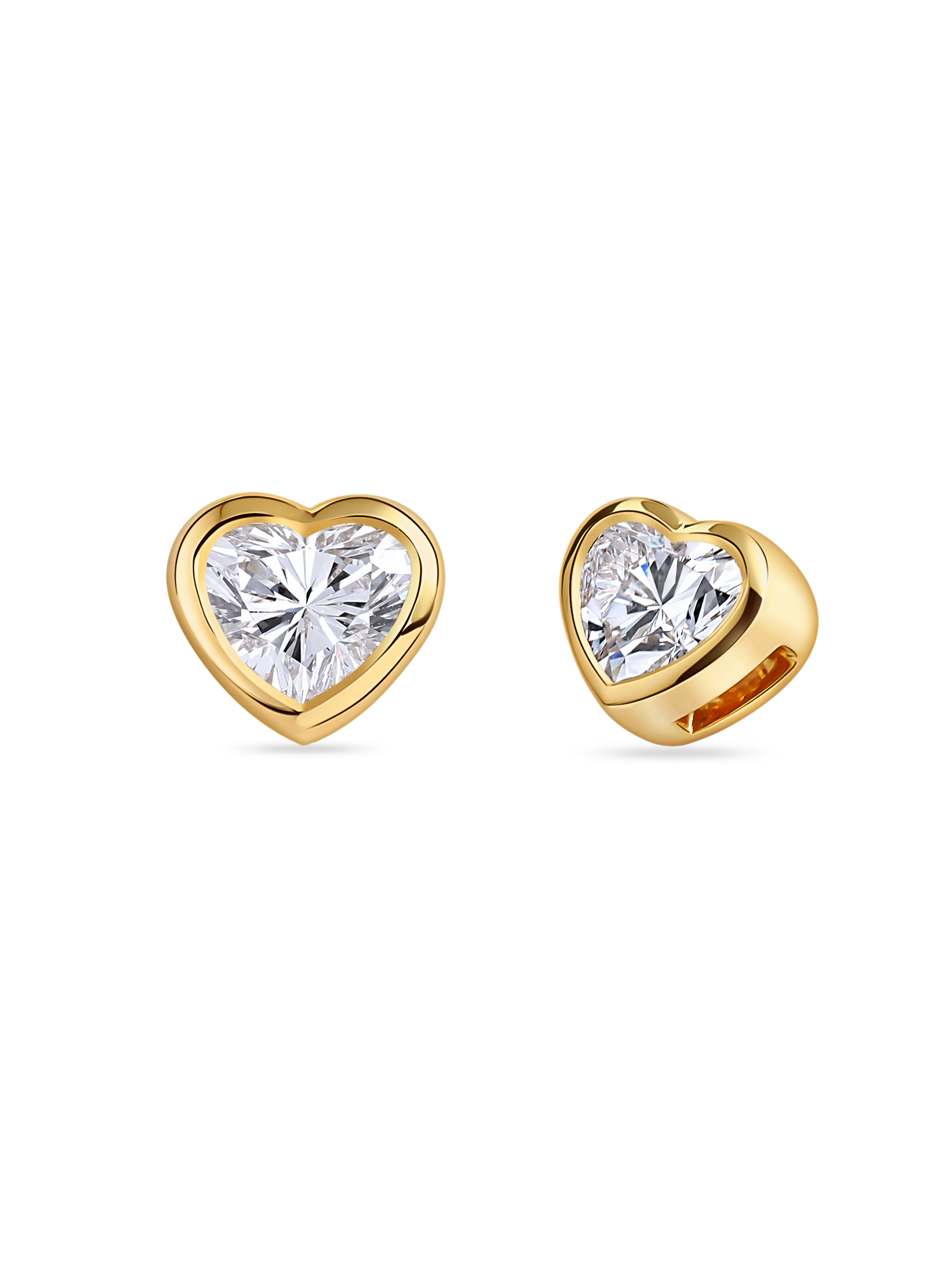 Heart-shaped diamond earrings in yellow gold. Made in London with lab grown dimaonds