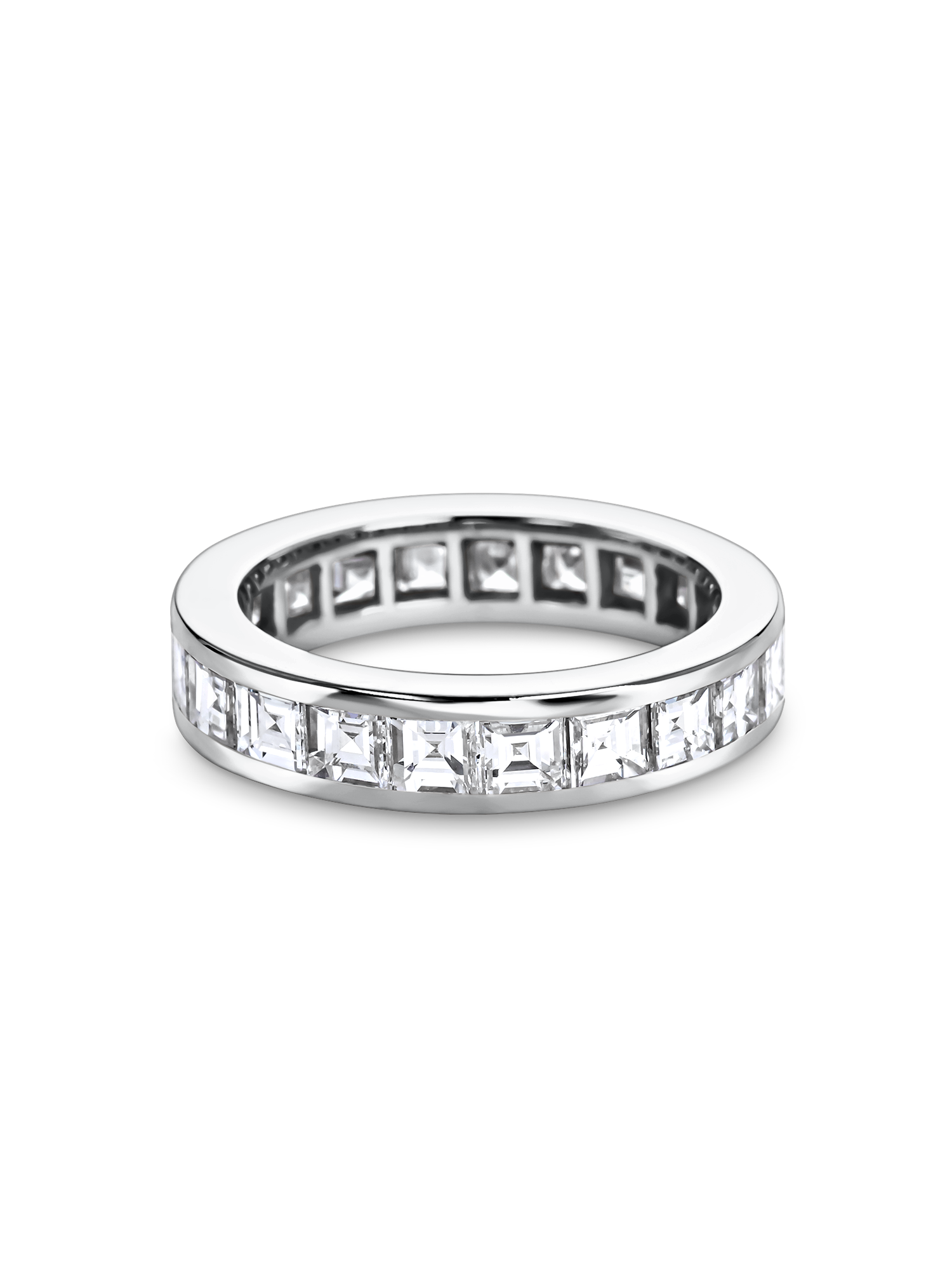 Channel set wedding band with carré cut diamonds in platinum, handcrafted in London