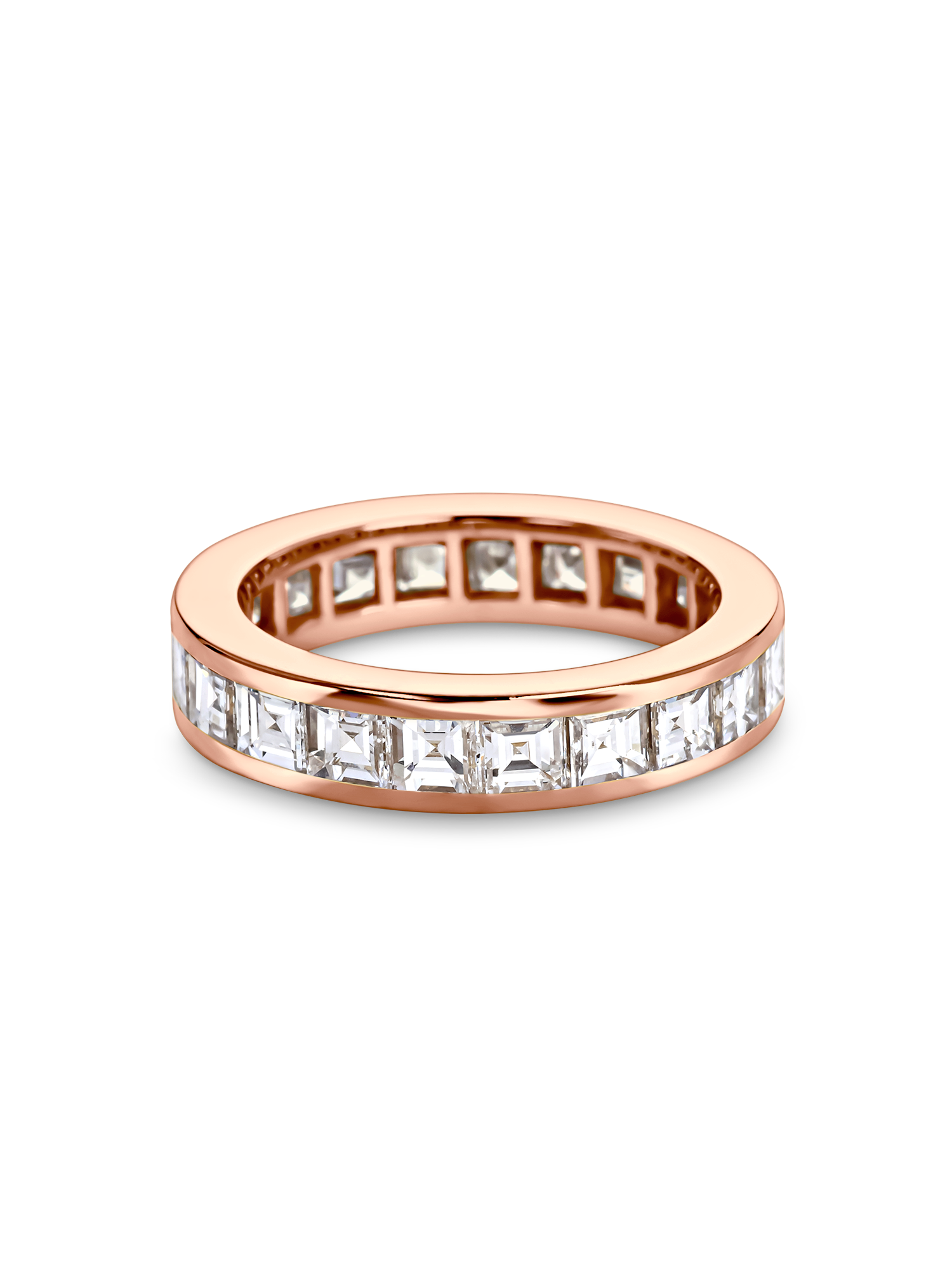 Channel set wedding band with carré cut diamonds in rose gold, handcrafted in London