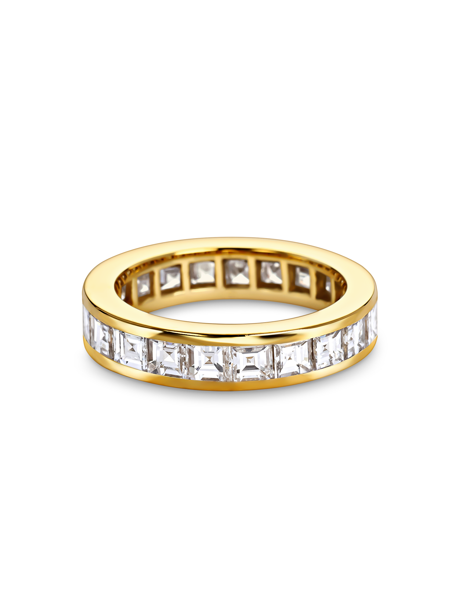 Channel set wedding band with carré cut diamonds in yellow gold, handcrafted in London