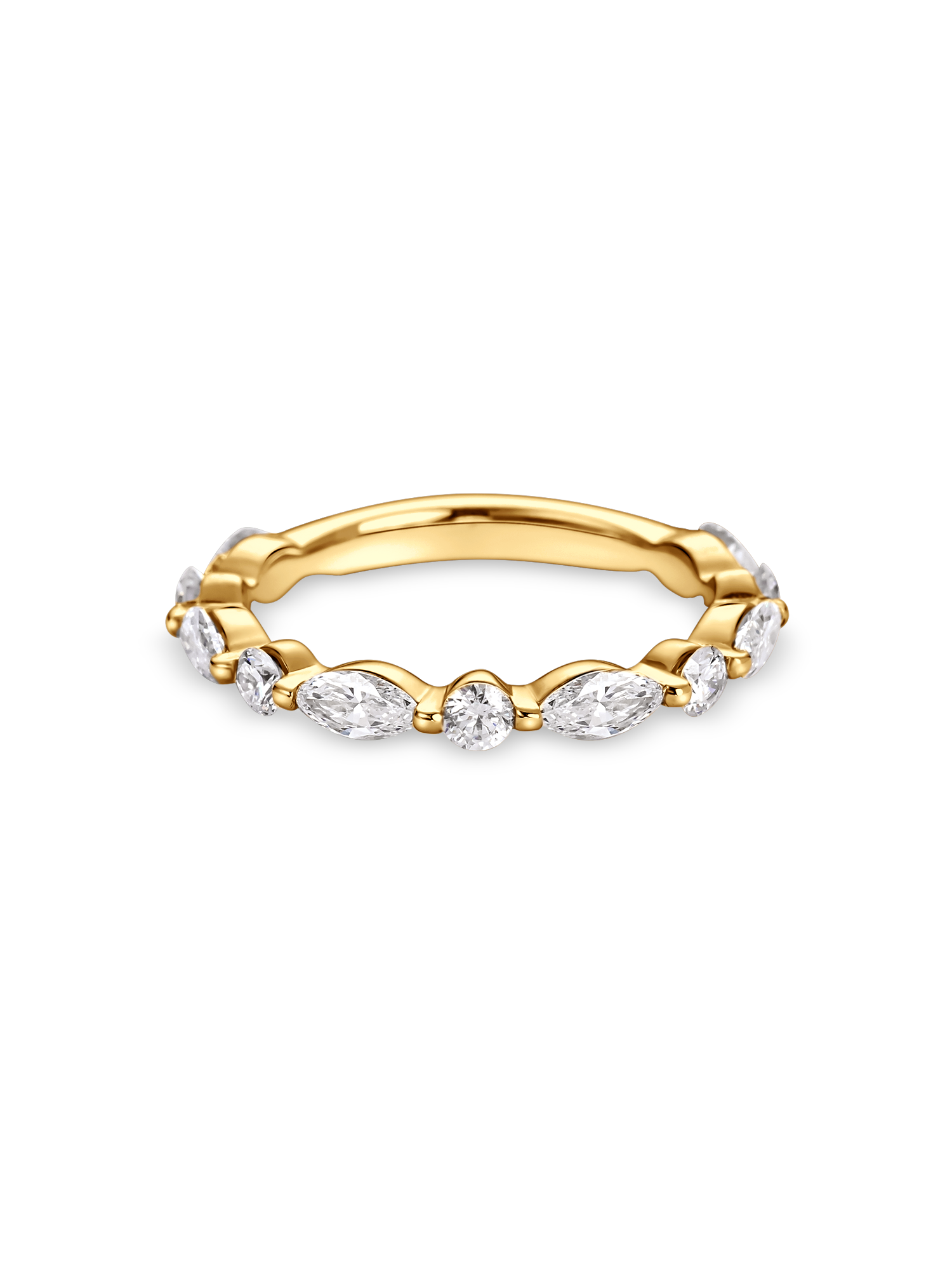 marquise and round lab grown diamond wedding band in yellow gold