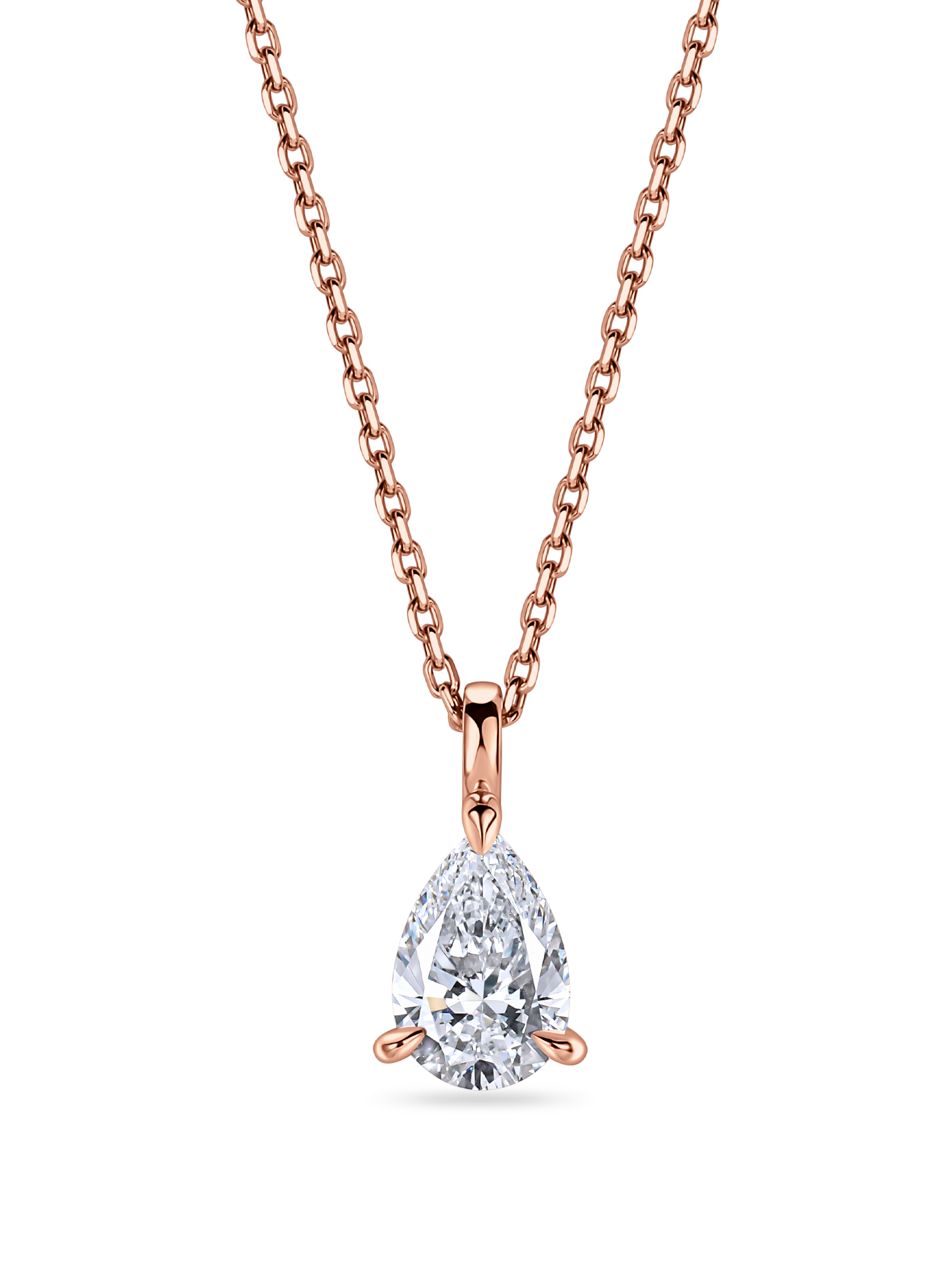 lab grown diamond necklace. Pear shaped pendant in rose gold zoomed in. handmade in london