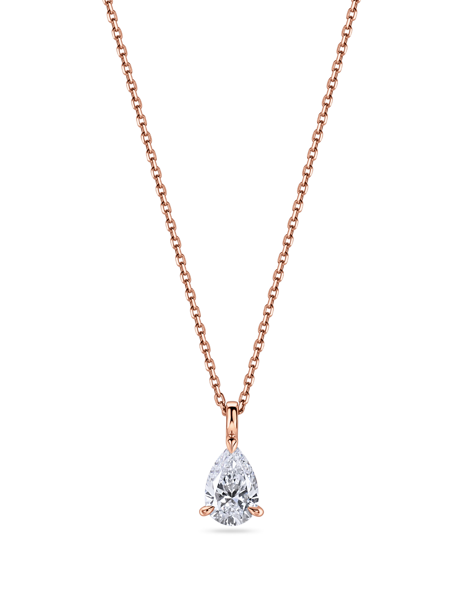 lab grown diamond necklace. Pear shaped pendant in rose gold zoomed out. handmade in london