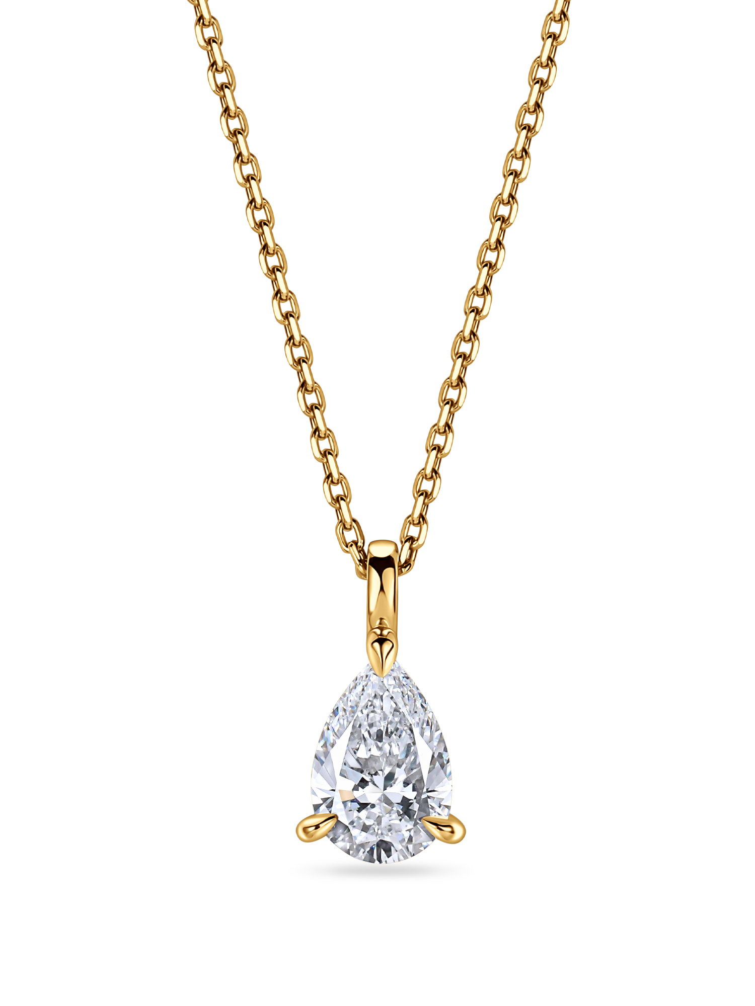 lab grown diamond necklace. Pear shaped pendant in yellow gold zoomed in. handmade in london