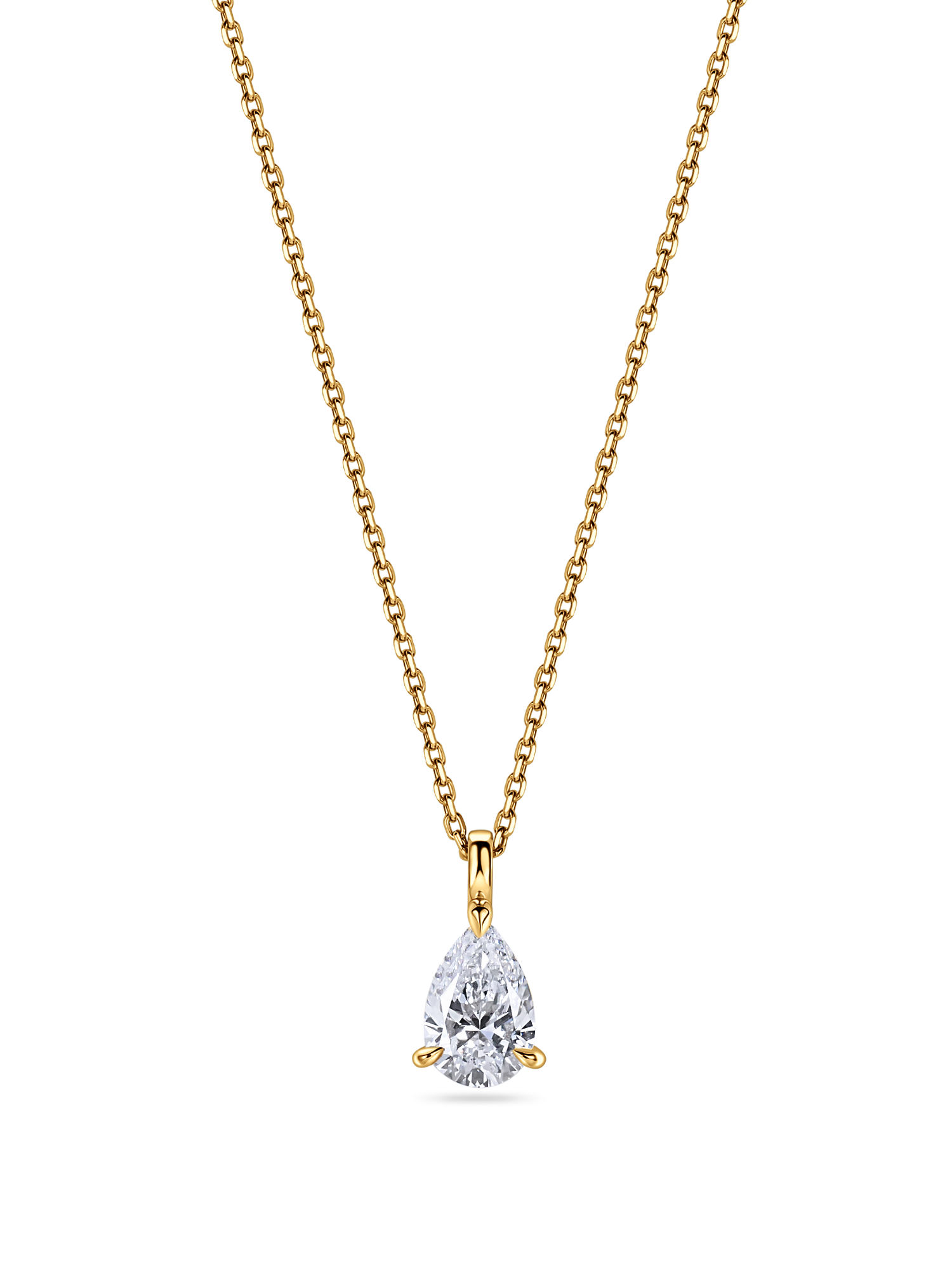 lab grown diamond necklace. Pear shaped pendant in yellow gold zoomed out. handmade in london