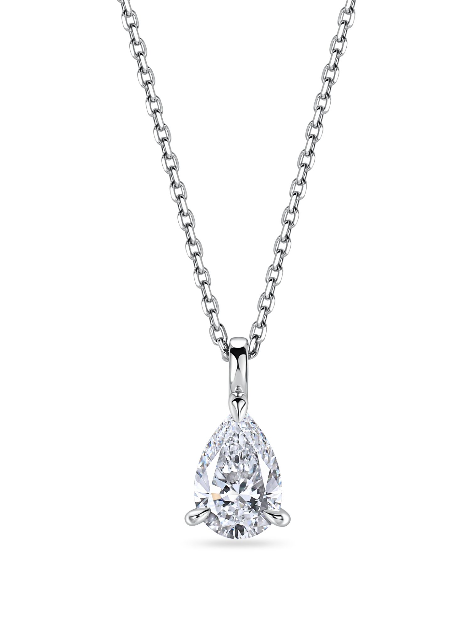lab grown diamond necklace. Pear shaped pendant in platinum zoomed in. handmade in london