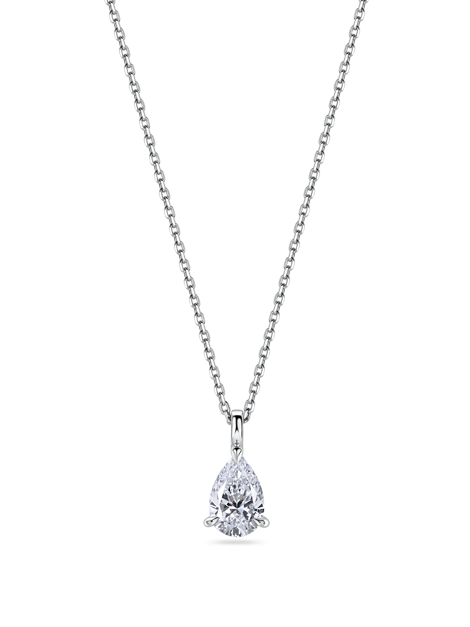lab grown diamond necklace. Pear shaped pendant in platinum zoomed out. handmade in london
