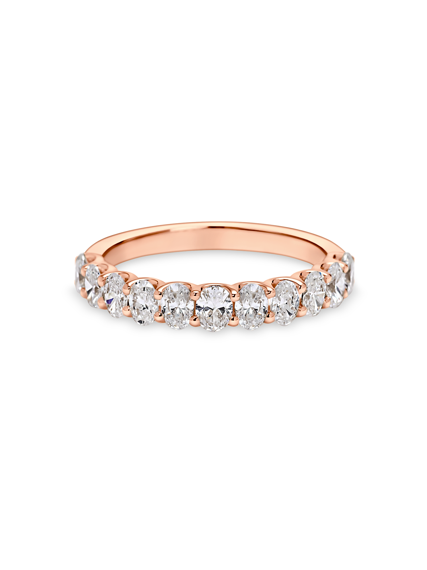 picture oval half set eternity band in rose gold. Also works as a wedding band