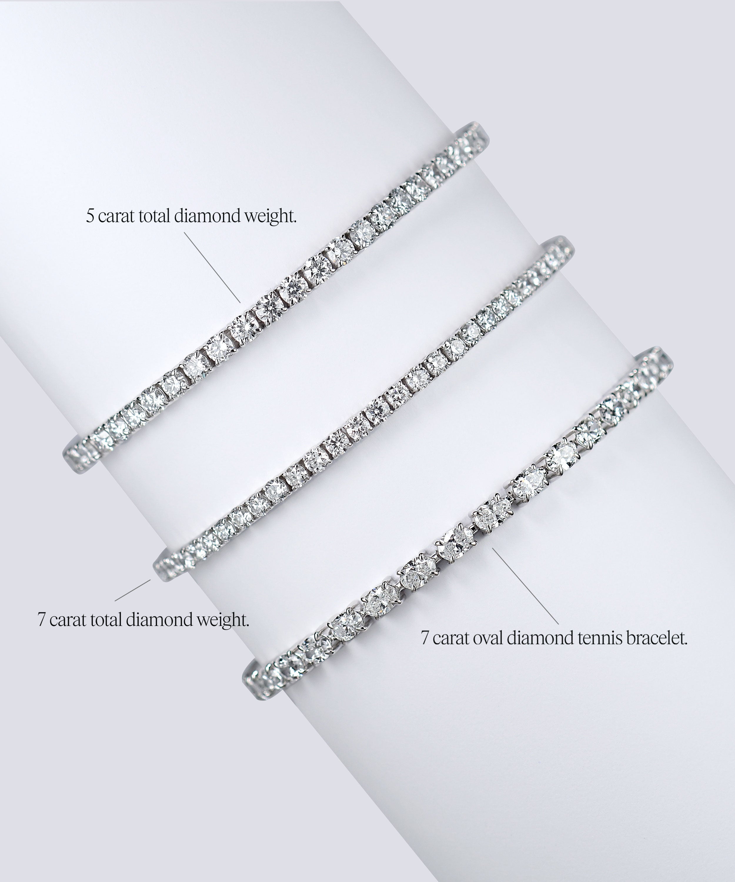 oval tennis bracelet next to two rounds. lab grown diamonds in platinum