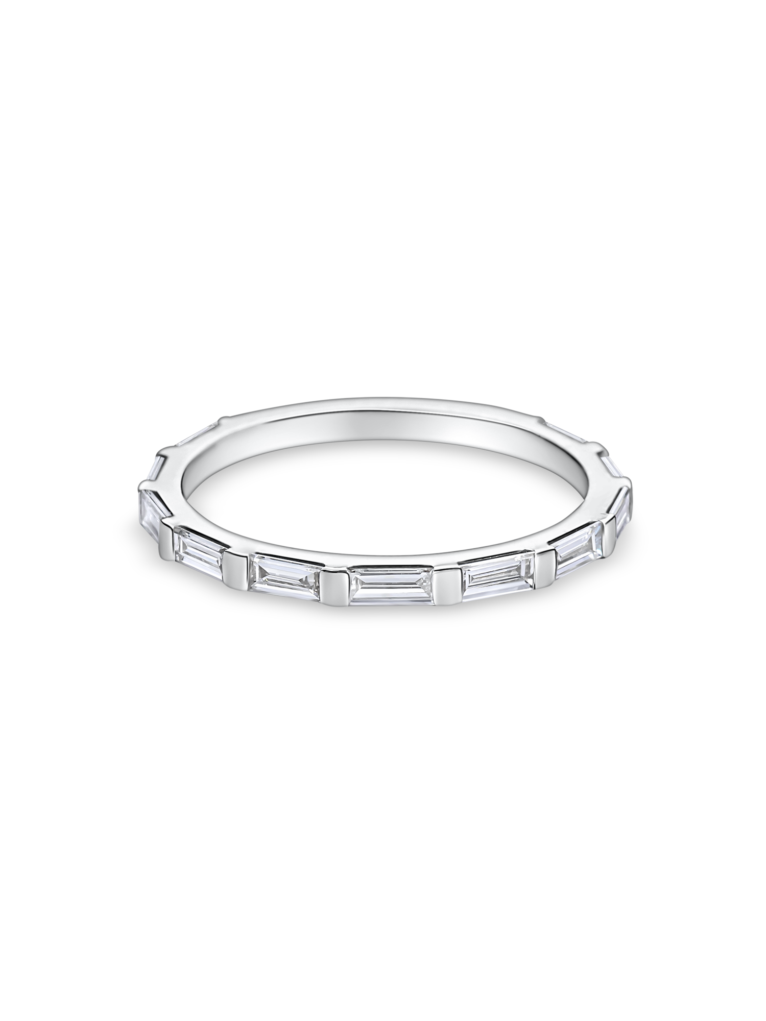 skinny baguette wedding band in platinum. made with lab grown diamonds and recycled precious metals