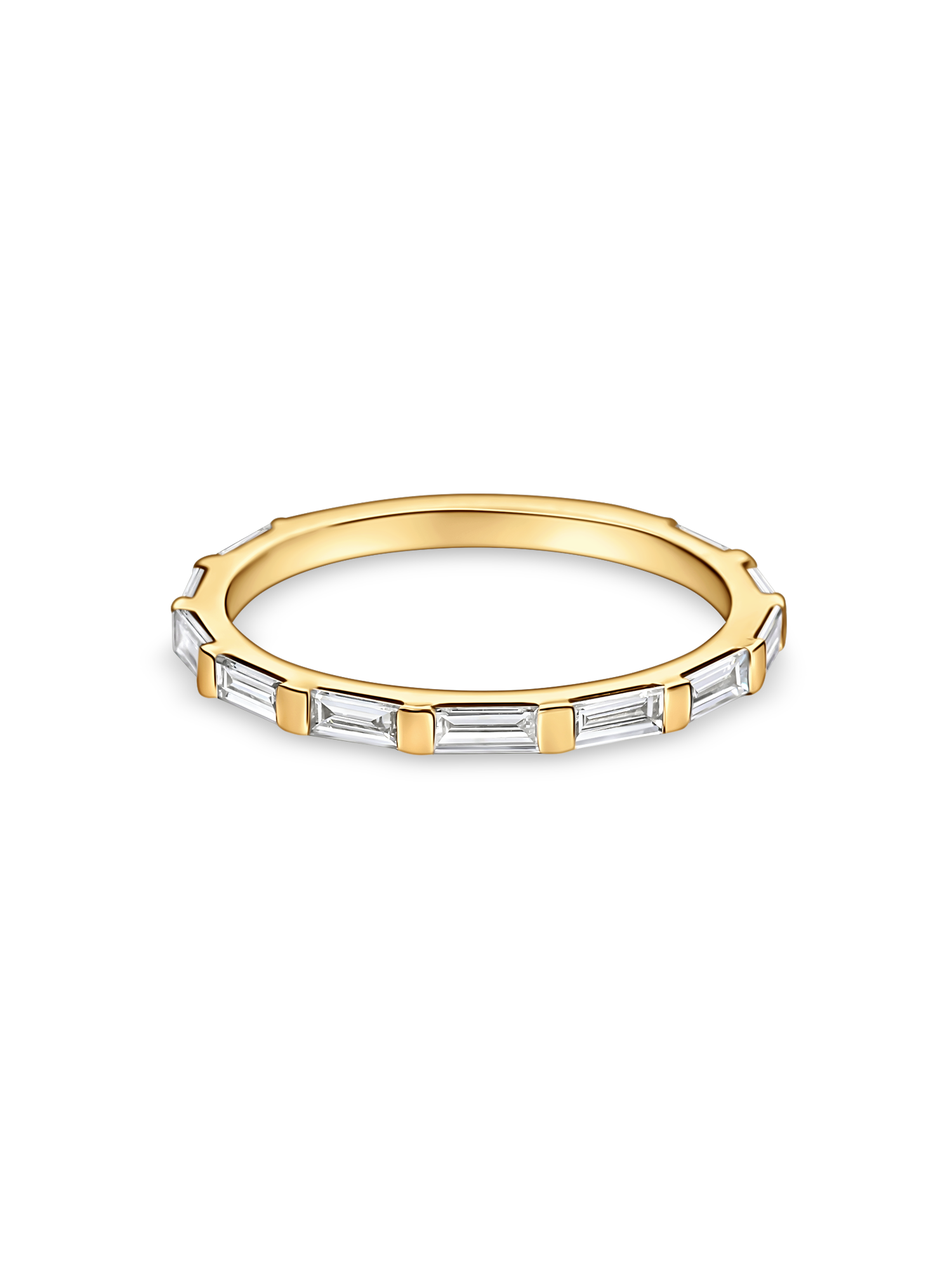 skinny baguette wedding band in yellow gold. made with lab grown diamonds and recycled precious metals
