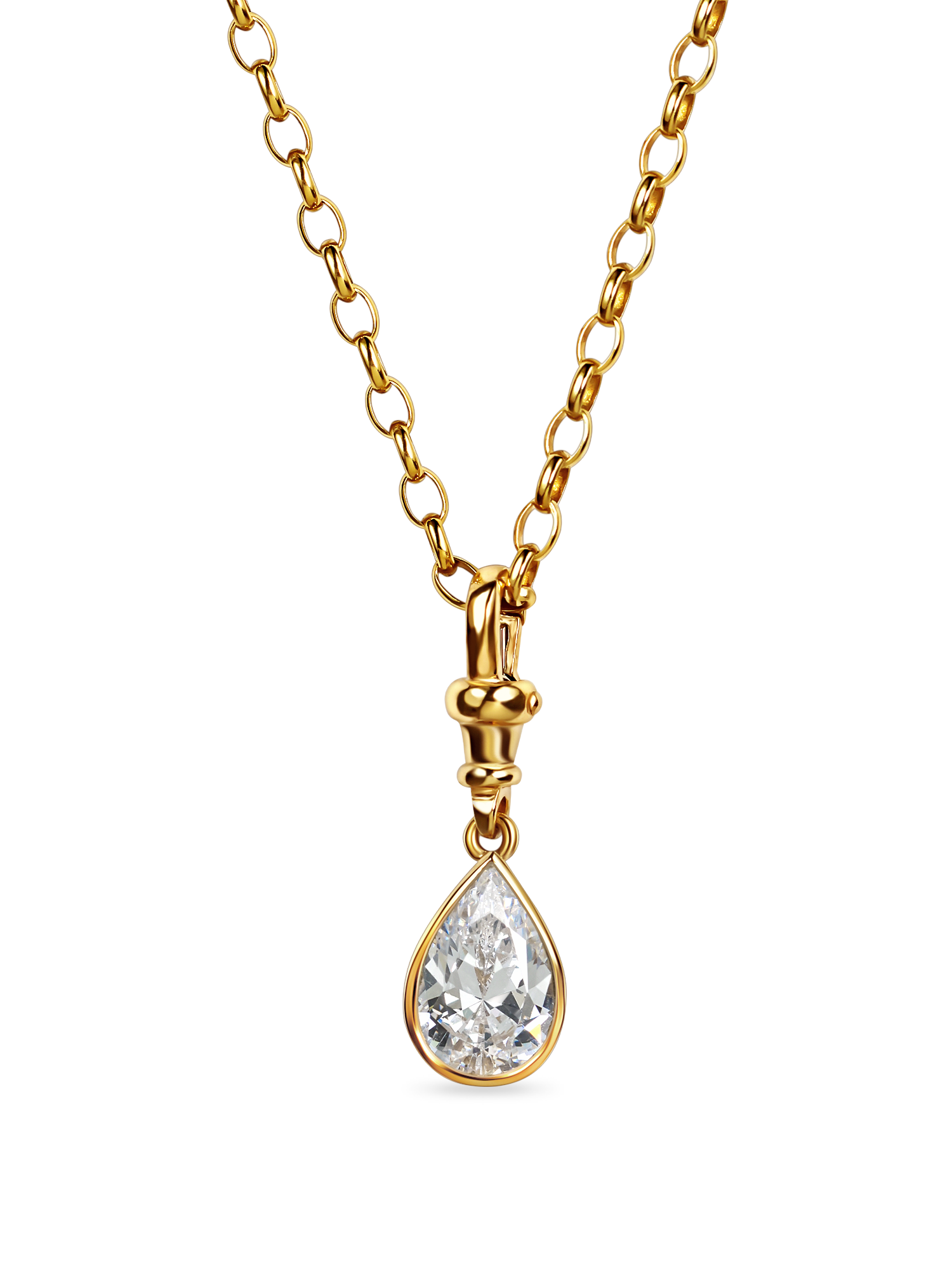 zoom in of a 2 carat lab grown diamond pear shaped yellow gold vintage inspired diamond pendant