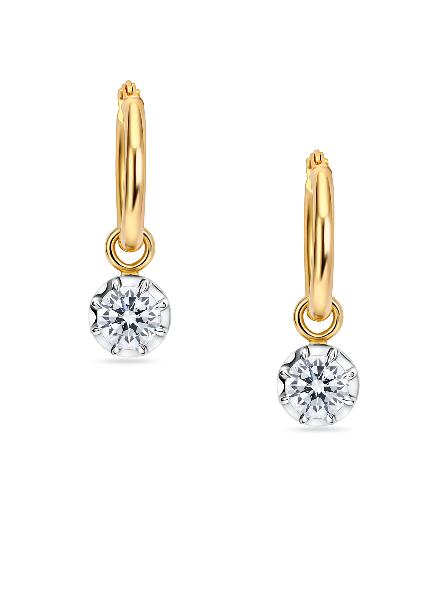 close up of vintage inspired lab grown round diamond hoops in yellow gold