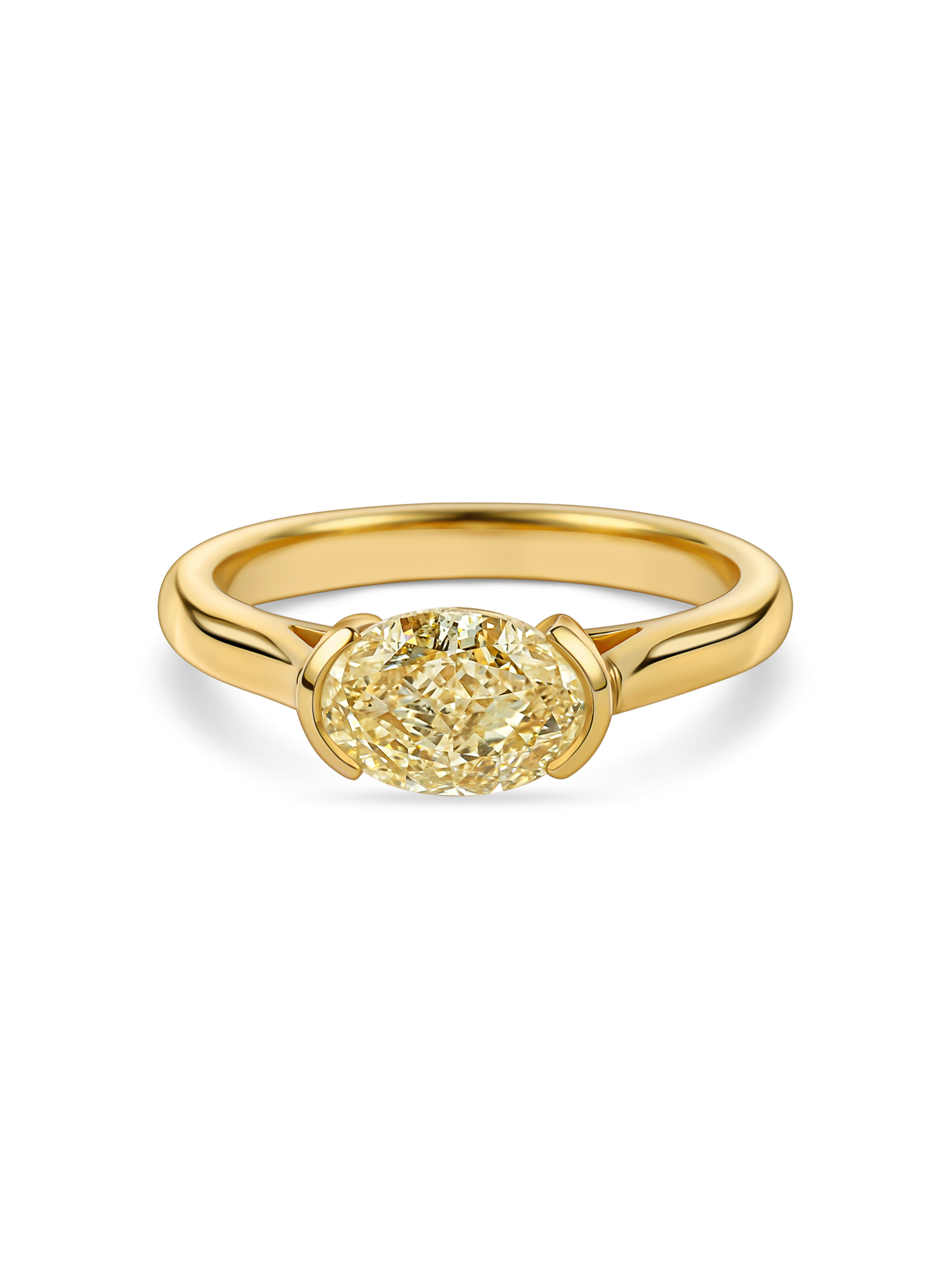 Yellow lab grown oval diamond in an east-west yellow gold engagement ring by Faire & Fine