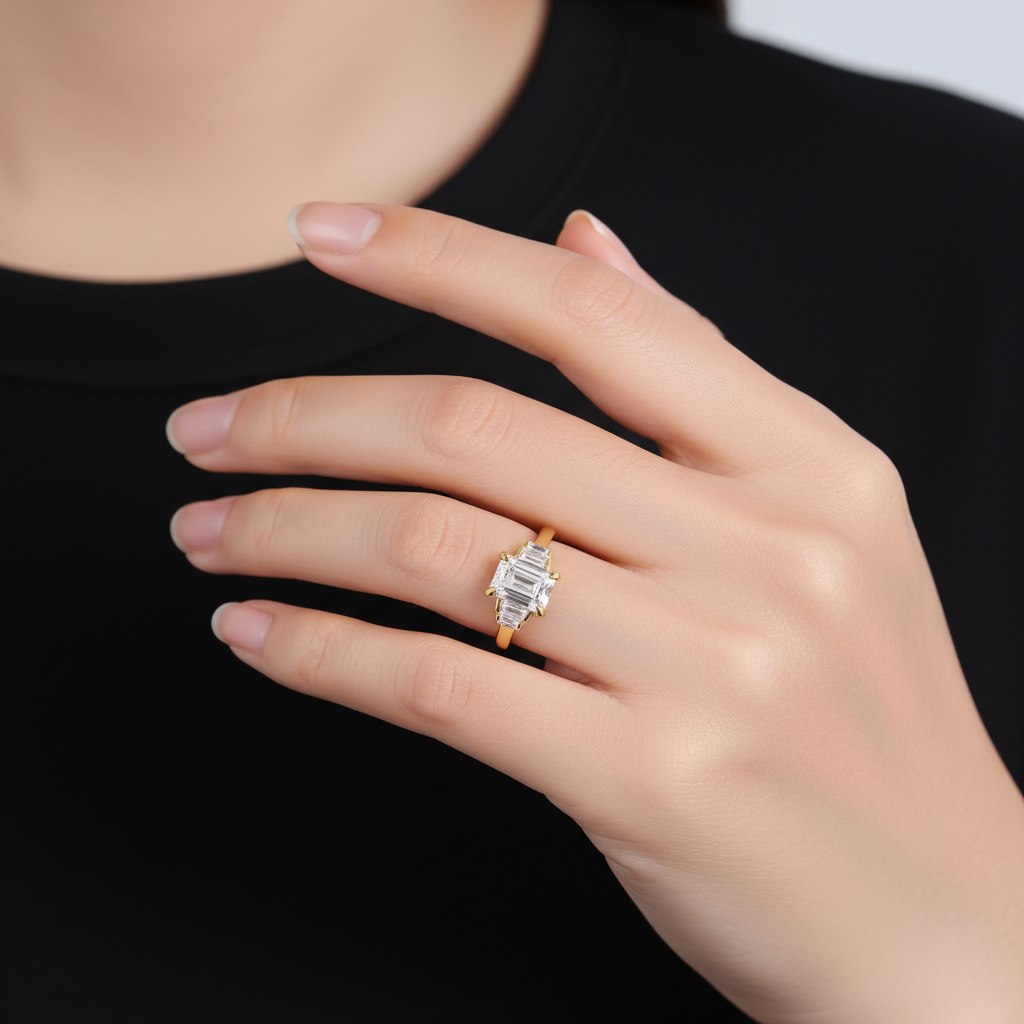 Art deco engagement ring being worn by a model. Lab grown diamonds including emerald cut, baguettes and yellow gold. Handmade in london uk. 