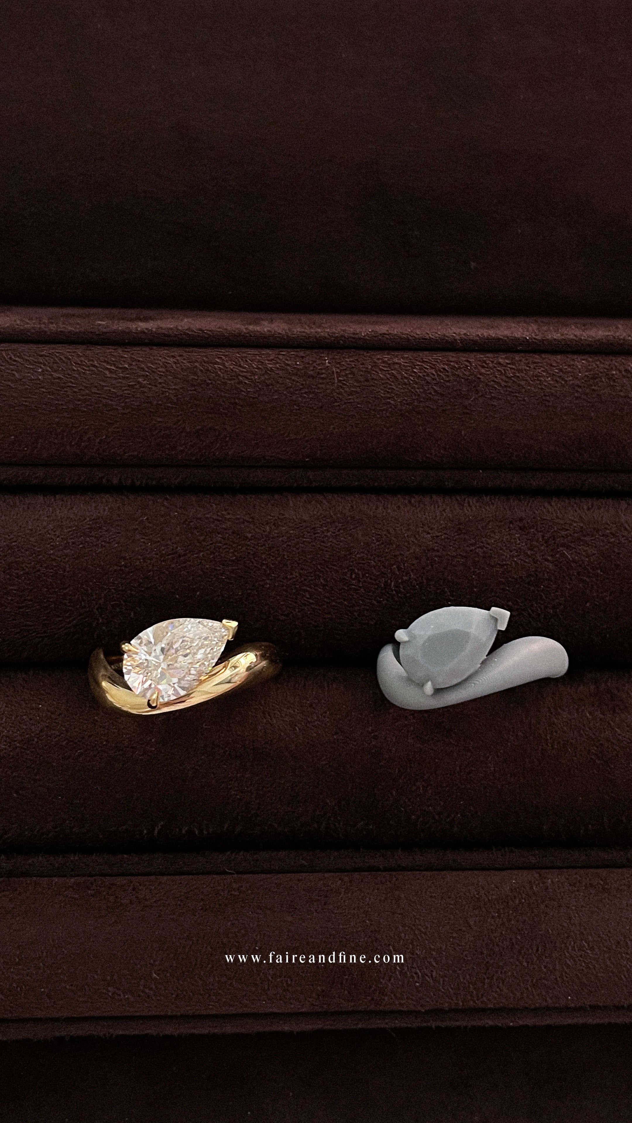 3d print next to finished custom engagement ring. Made in hatton garden