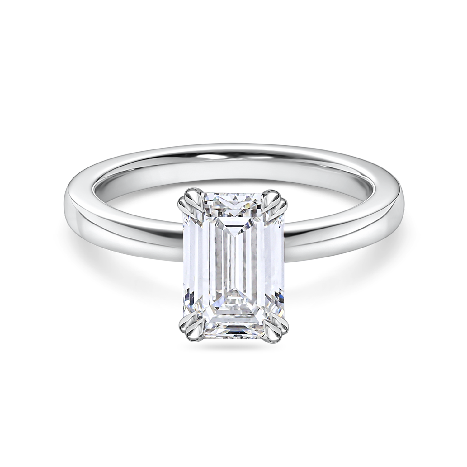 platinum double claw emerald cut solitaire engagement ring. front view with no background