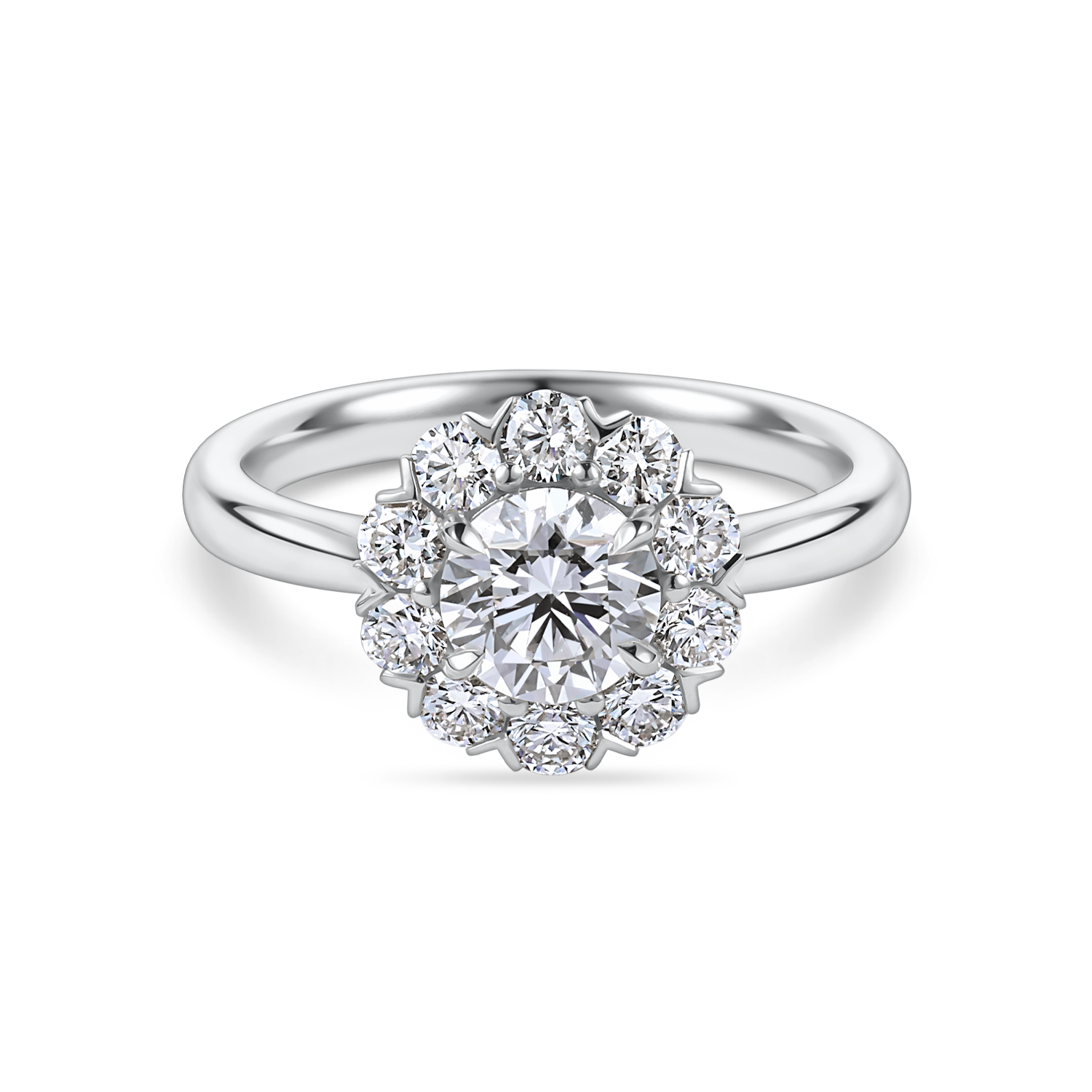 Front view of platinum vintage inspired daisy engagement ring. Made with lab grown diamonds by independent jewellers in london uk