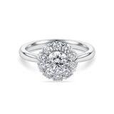 Front view of platinum vintage inspired daisy engagement ring. Made with lab grown diamonds by independent jewellers in london uk