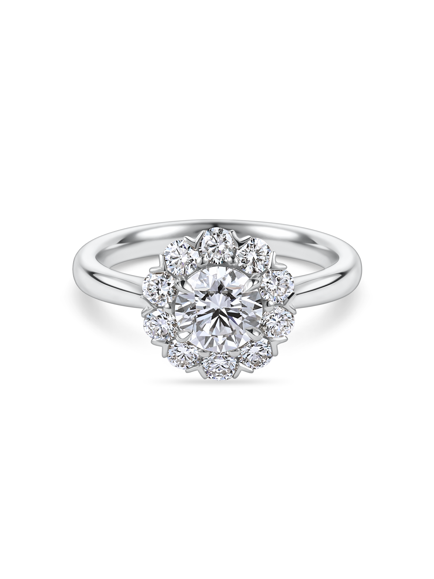 Front view of platinum vintage inspired daisy engagement ring. Made with lab grown diamonds by independent jewellers in london uk