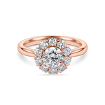 Front view of rose gold vintage inspired daisy engagement ring. Made with lab grown diamonds by independent jewellers in london uk