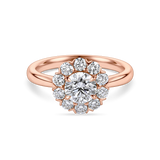 Front view of rose gold vintage inspired daisy engagement ring. Made with lab grown diamonds by independent jewellers in london uk