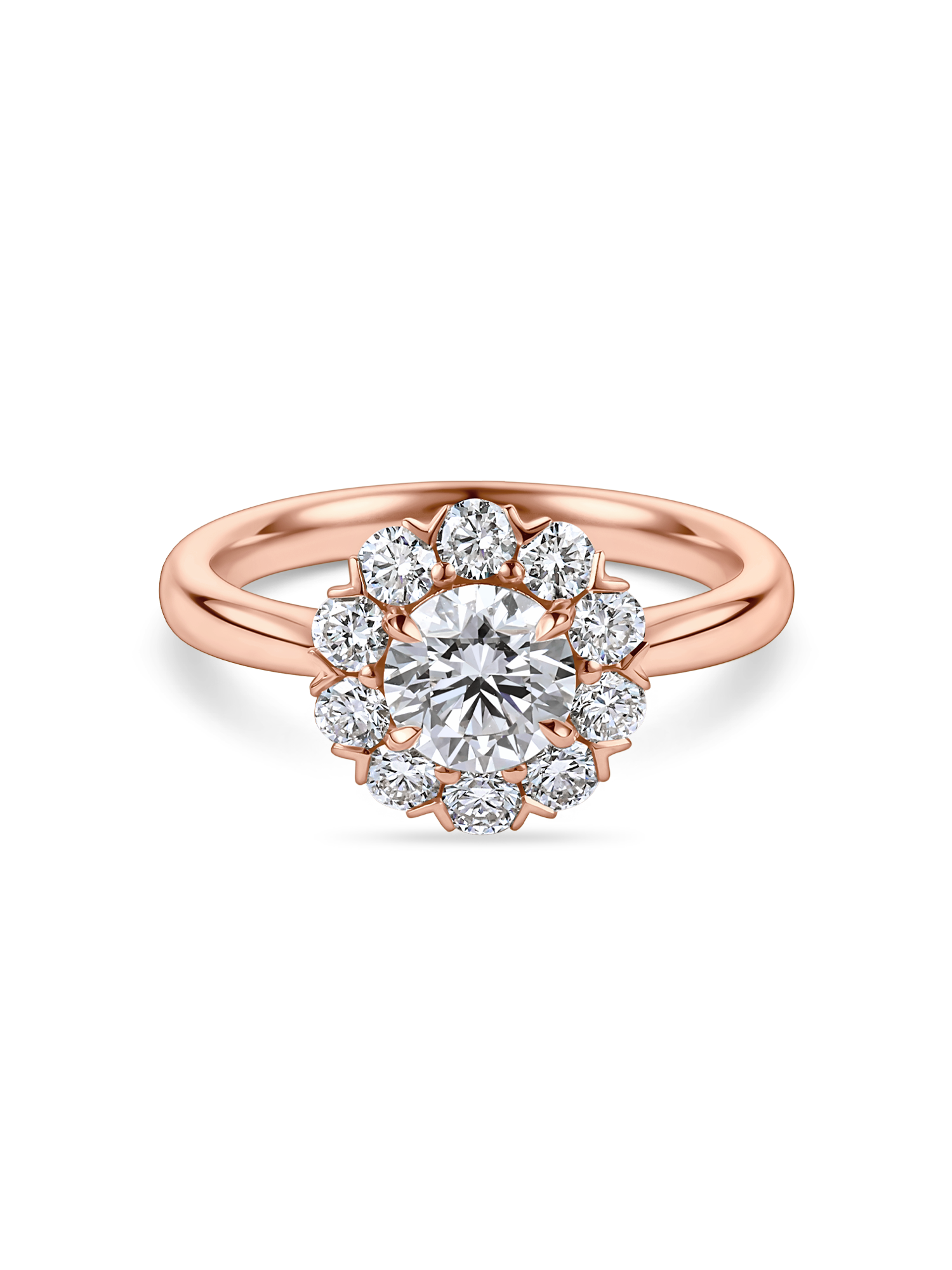Front view of rose gold vintage inspired daisy engagement ring. Made with lab grown diamonds by independent jewellers in london uk