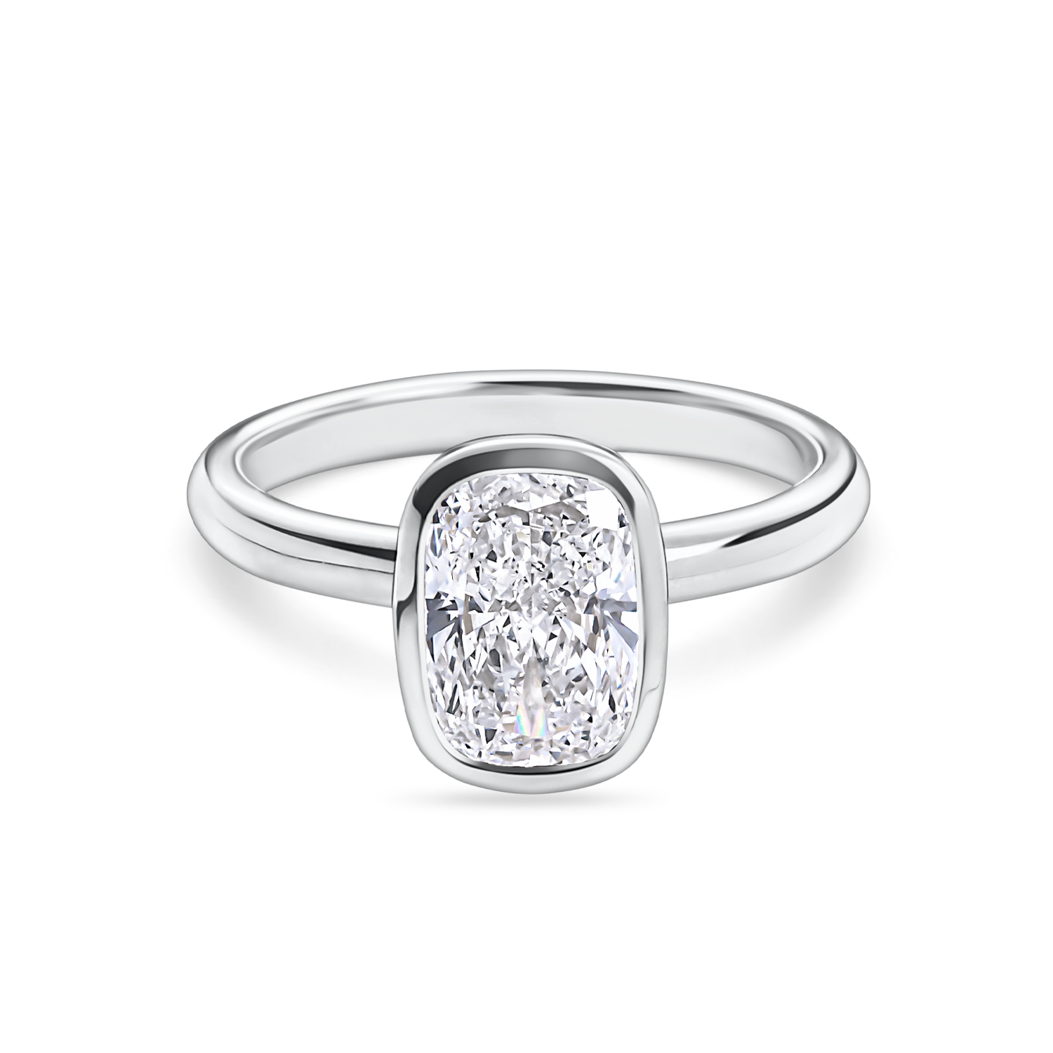 front view of platinum bezel set elongated cushion cut engagement ring. Handmade in london with recycled precious metals and lab grown diamonds. 