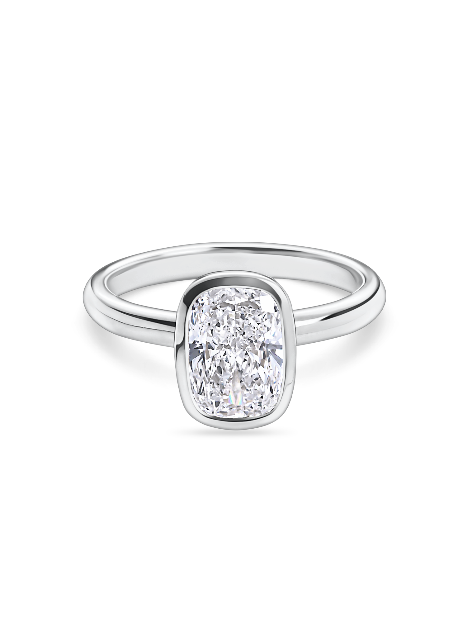 front view of platinum bezel set elongated cushion cut engagement ring. Handmade in london with recycled precious metals and lab grown diamonds. 