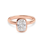 front view of rose gold bezel set elongated cushion cut engagement ring. Handmade in london with recycled precious metals and lab grown diamonds. 