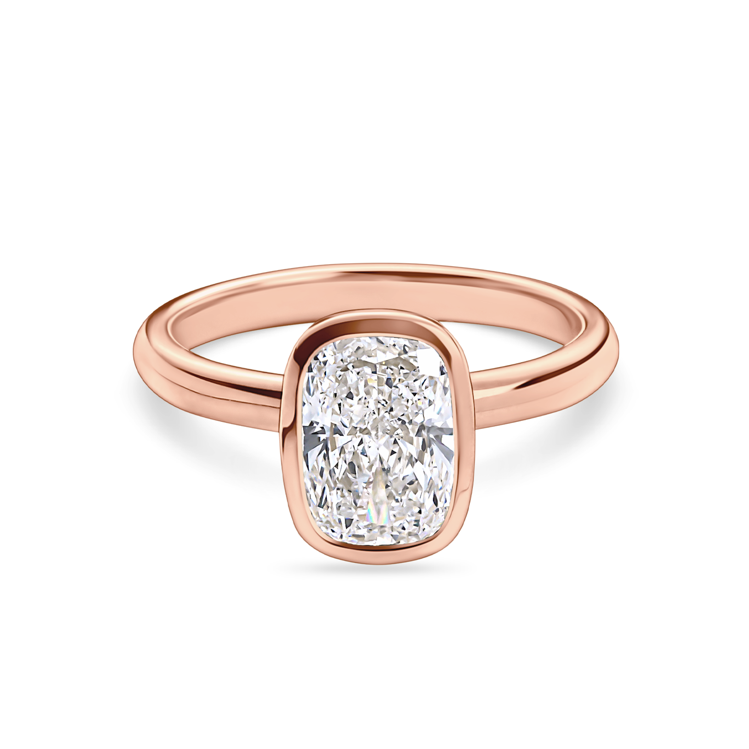 front view of rose gold bezel set elongated cushion cut engagement ring. Handmade in london with recycled precious metals and lab grown diamonds. 