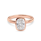 front view of rose gold bezel set elongated cushion cut engagement ring. Handmade in london with recycled precious metals and lab grown diamonds. 