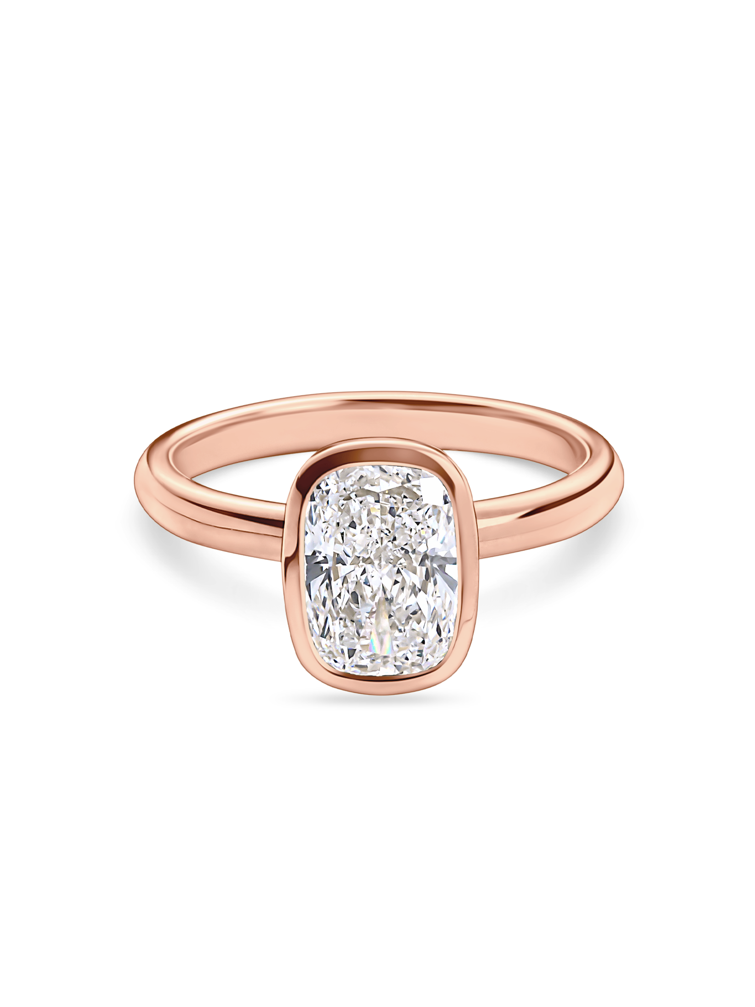 front view of rose gold bezel set elongated cushion cut engagement ring. Handmade in london with recycled precious metals and lab grown diamonds. 
