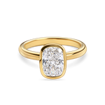 front view of yellow gold bezel set elongated cushion cut engagement ring. Handmade in london with recycled precious metals and lab grown diamonds. 