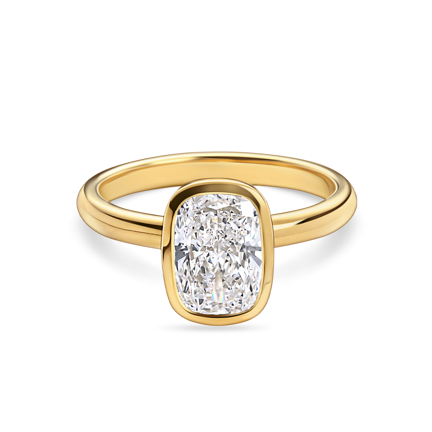 front view of yellow gold bezel set elongated cushion cut engagement ring. Handmade in london with recycled precious metals and lab grown diamonds. 