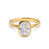 front view of yellow gold bezel set elongated cushion cut engagement ring. Handmade in london with recycled precious metals and lab grown diamonds. 
