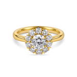 Front view of yellow gold vintage inspired daisy engagement ring. Made with lab grown diamonds by independent jewellers in london uk