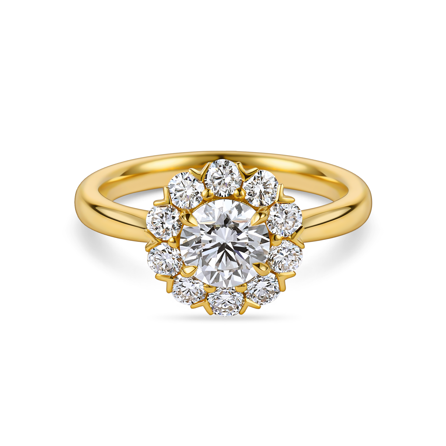 Front view of yellow gold vintage inspired daisy engagement ring. Made with lab grown diamonds by independent jewellers in london uk