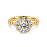 Front view of yellow gold vintage inspired daisy engagement ring. Made with lab grown diamonds by independent jewellers in london uk