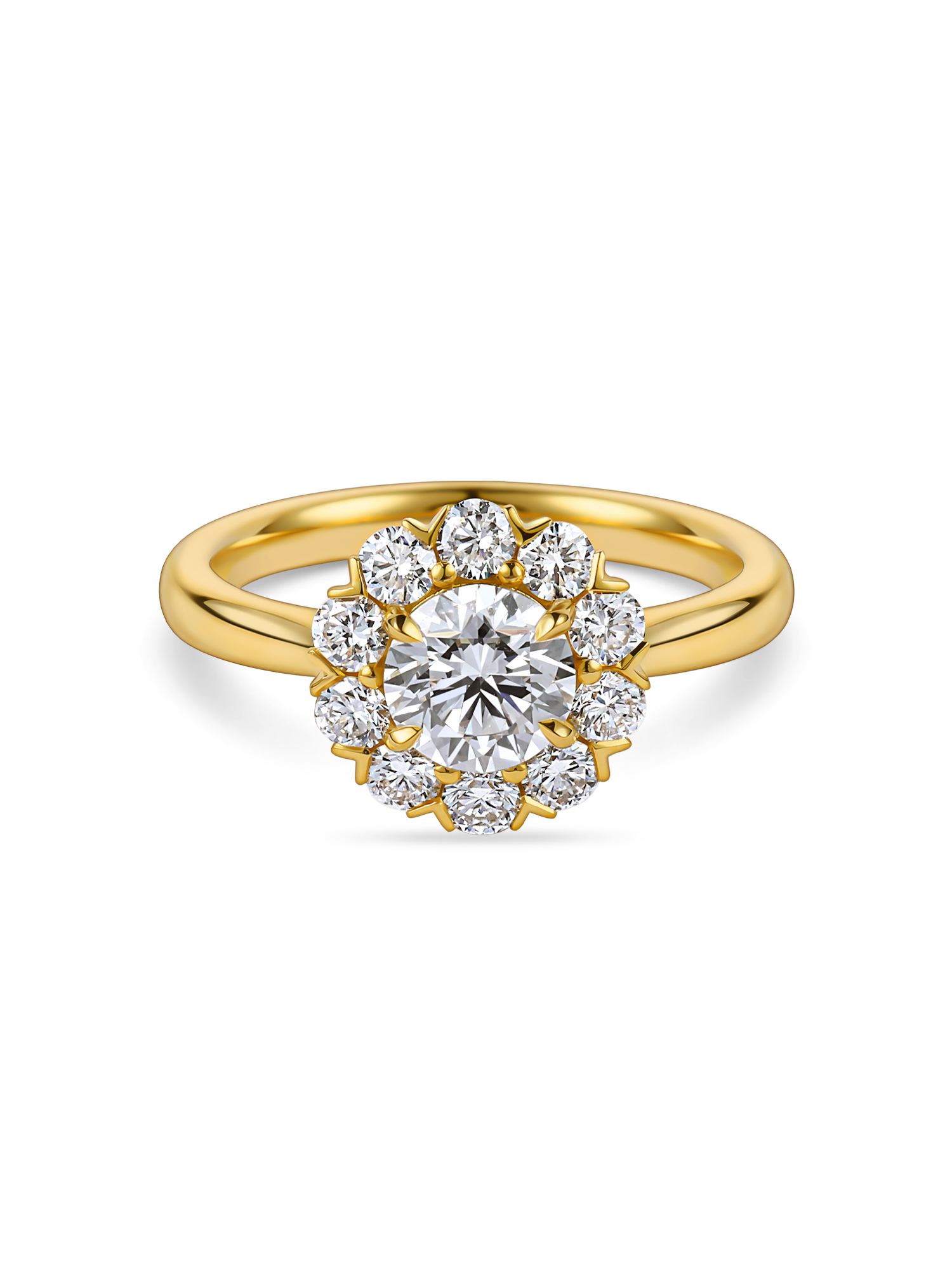 Front view of yellow gold vintage inspired daisy engagement ring. Made with lab grown diamonds by independent jewellers in london uk