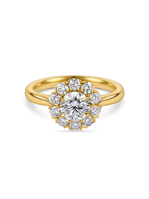Front view of yellow gold vintage inspired daisy engagement ring. Made with lab grown diamonds by independent jewellers in london uk