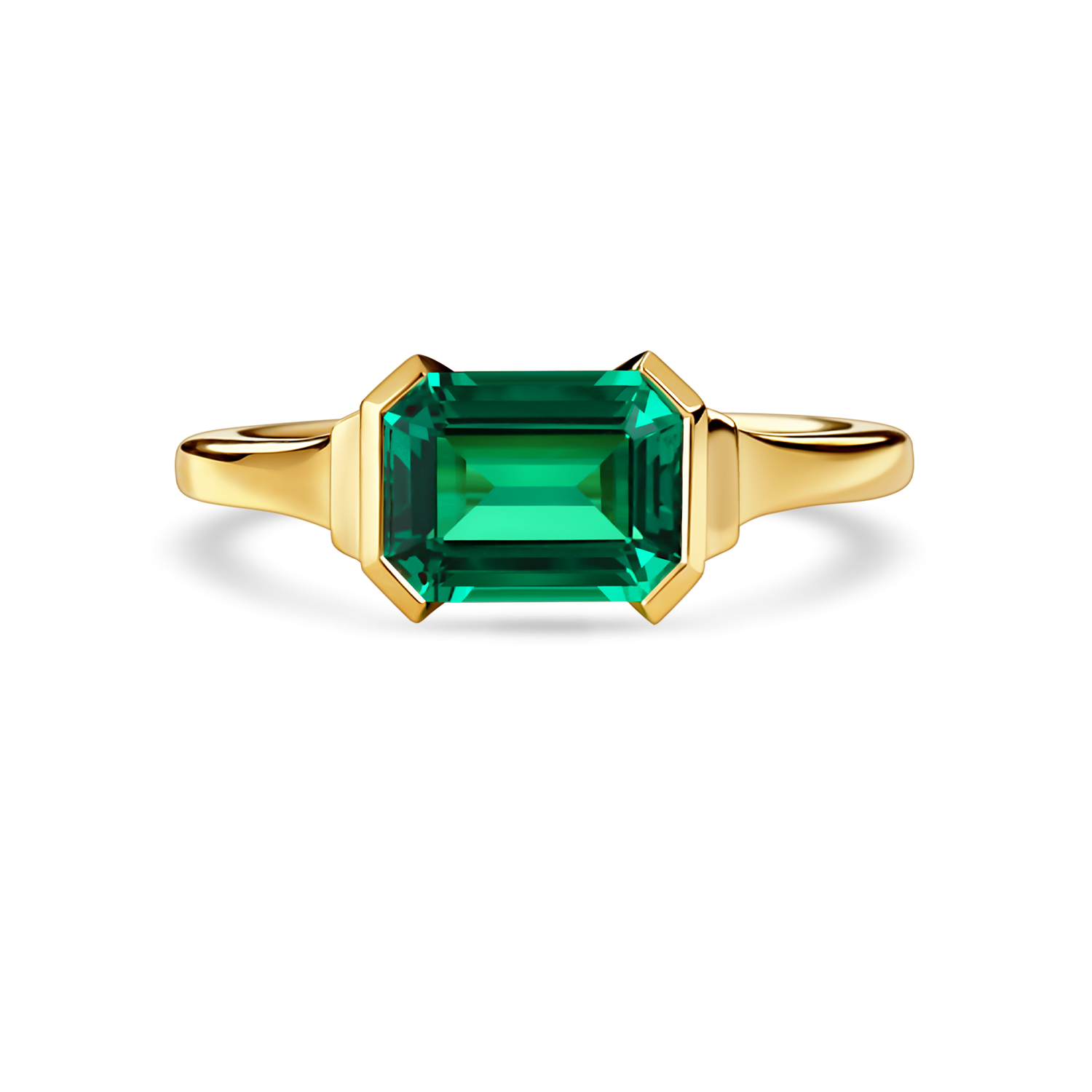 Front view of lab-grown emerald ring in east west setting with 18K yellow gold band