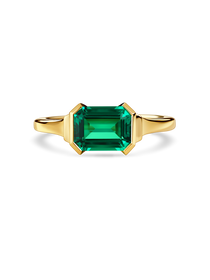 Front view of lab-grown emerald ring in east west setting with 18K yellow gold band
