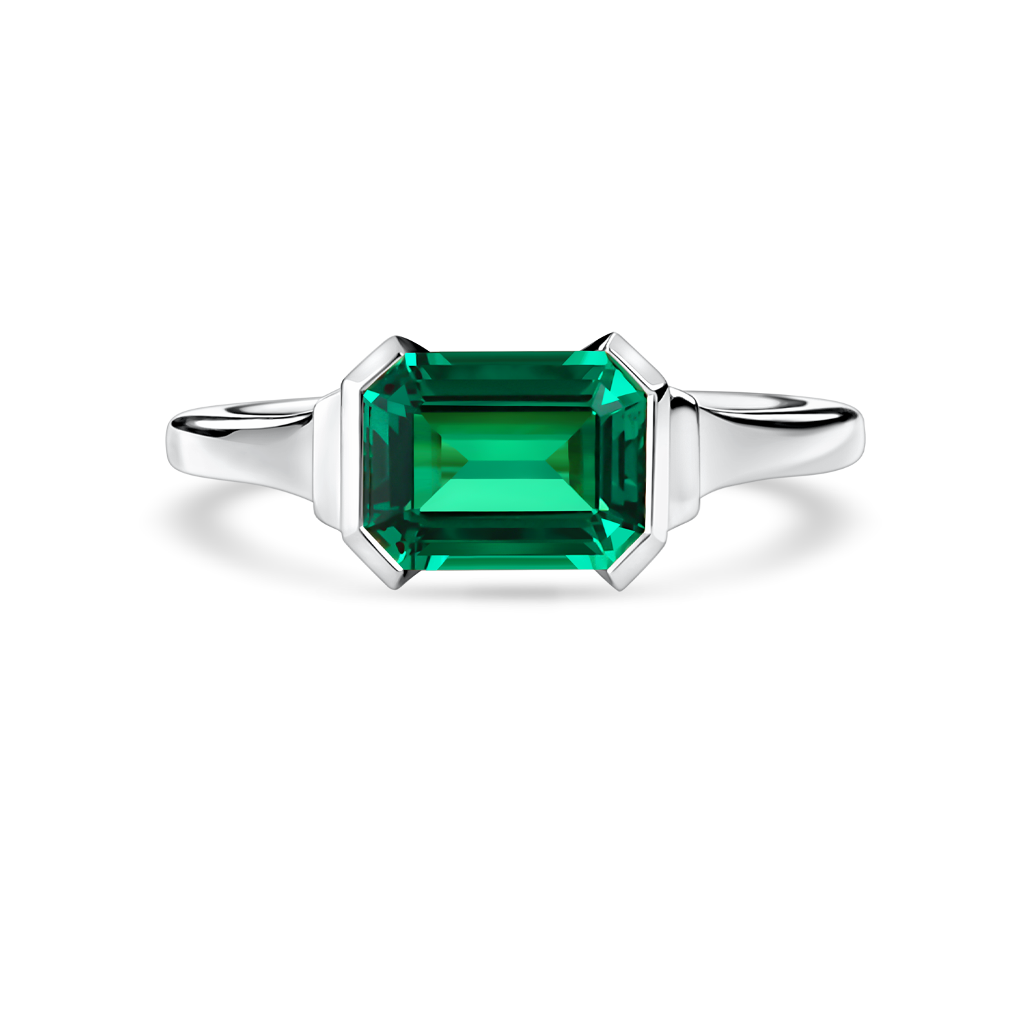 Front view of lab-grown emerald ring in east west setting with platinum band