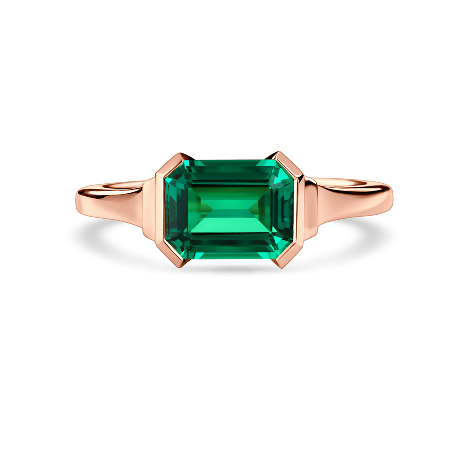 Front view of lab-grown emerald ring in east west setting with 18K rose gold band