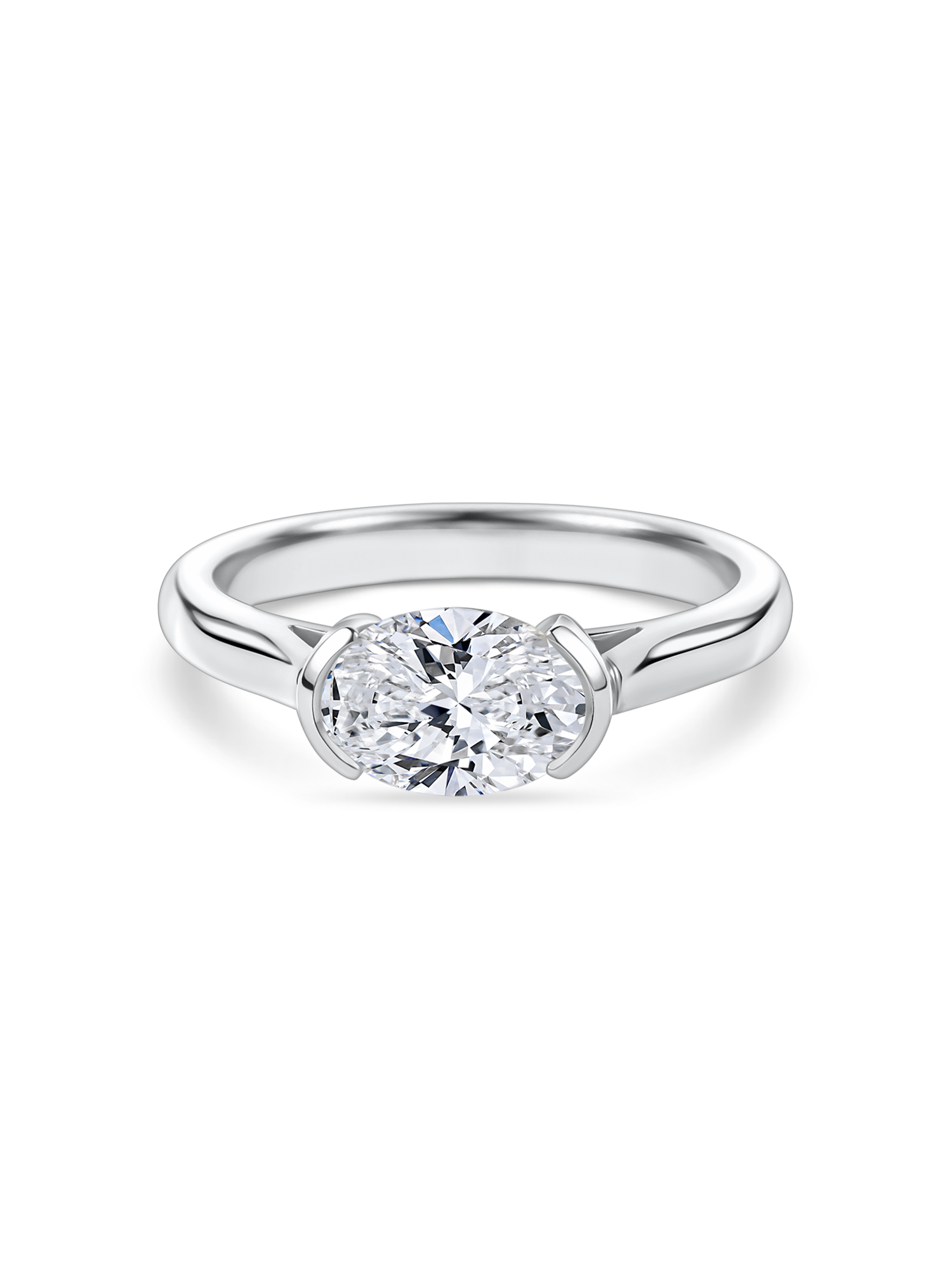 no background of the front view of east west oval, lab grown diamond and platinum hand finished in London, uk