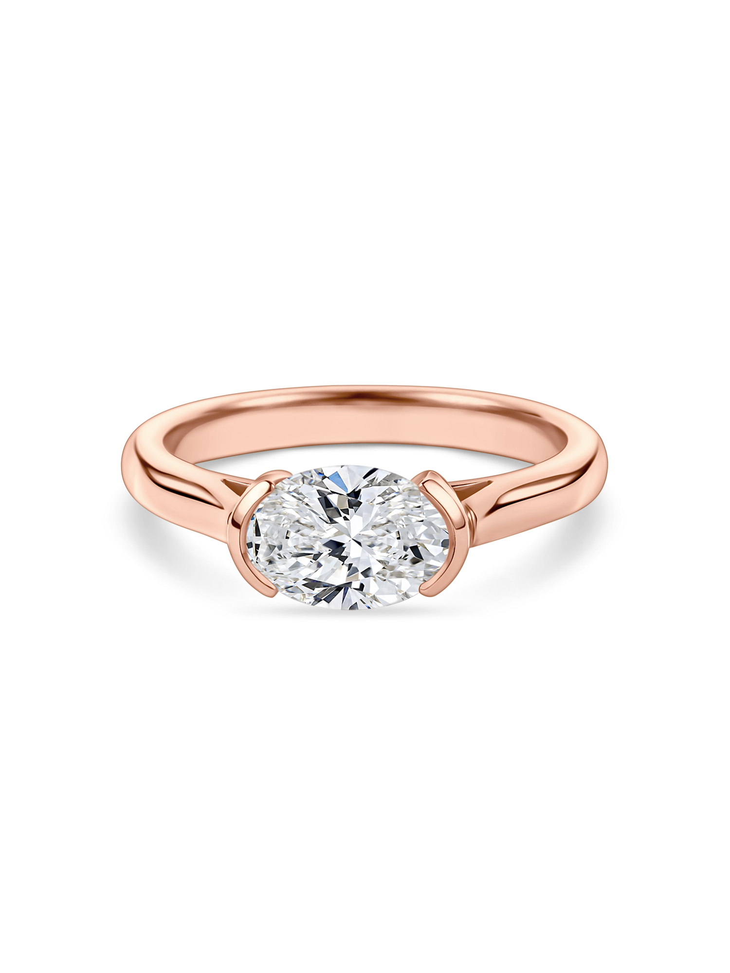 no background of the front view of east west oval, lab grown diamond and rose gold hand finished in London, uk