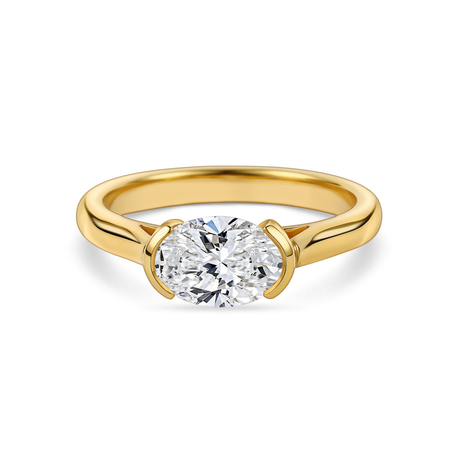no background of the front view of east west oval, lab grown diamond and yellow gold hand finished in London, uk