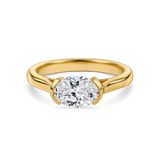 no background of the front view of east west oval, lab grown diamond and yellow gold hand finished in London, uk